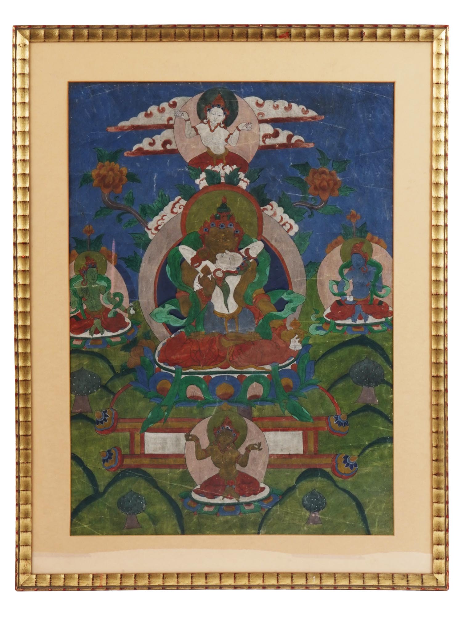 ANTIQUE TIBETAN BUDDHA W CONSORT THANGKA PAINTING PIC-0